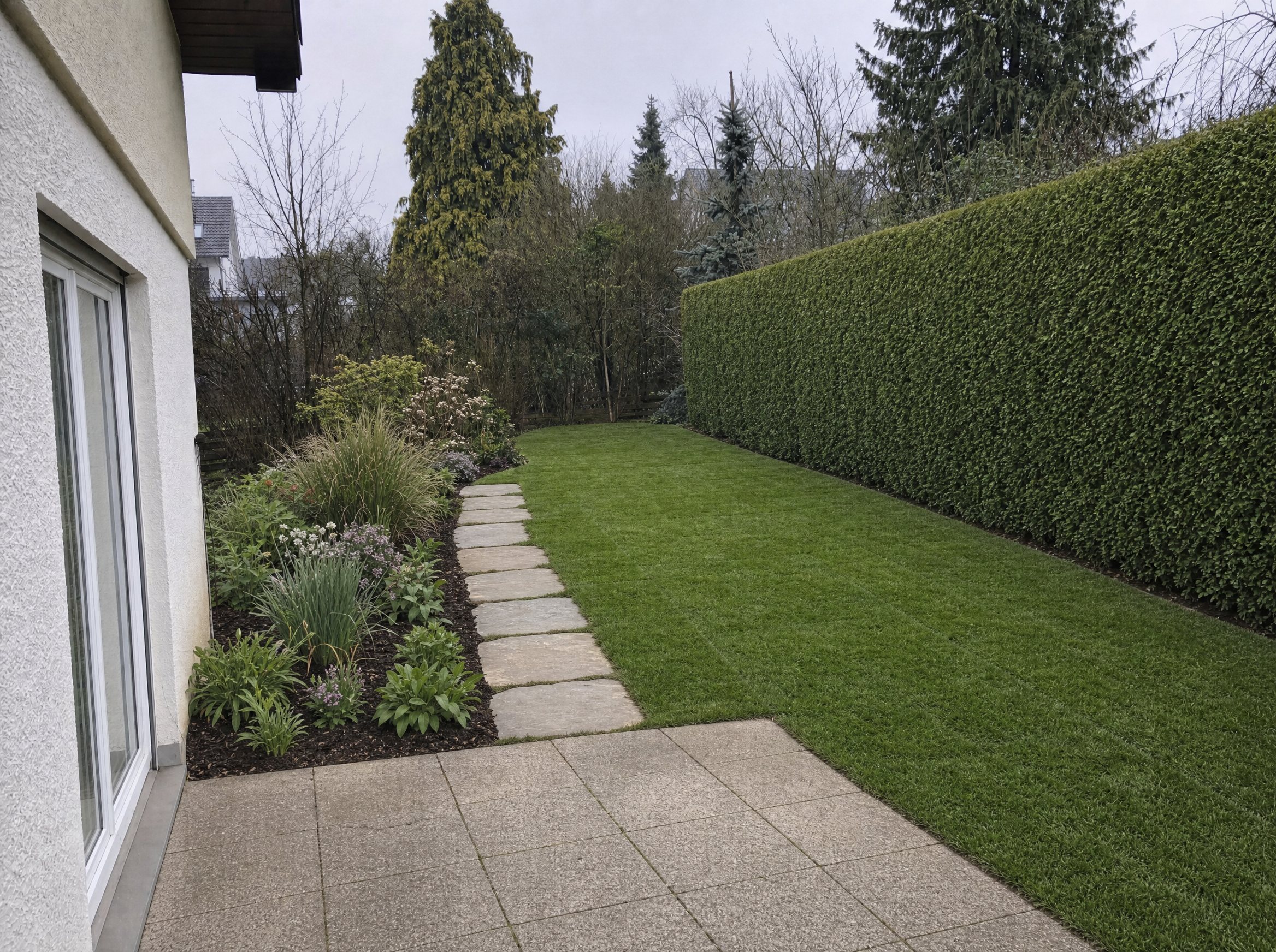 Derselbe Garten nach der Neuanlage mit Rollrasen, Natursteinweg und neuen Beeten (mit KI erstellte Illustration)
